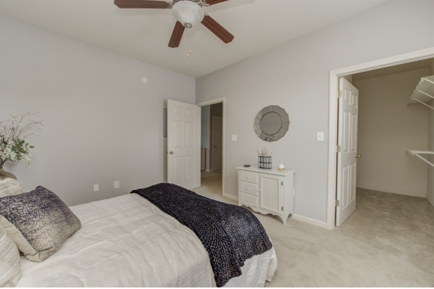 Model bedroom in a Noblesville apartment.