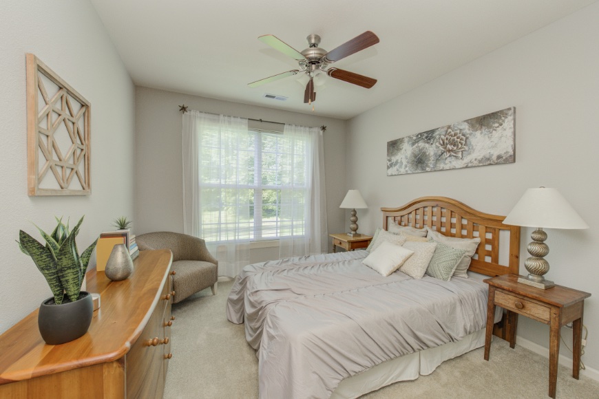 Model bedroom in a Noblesville apartment.