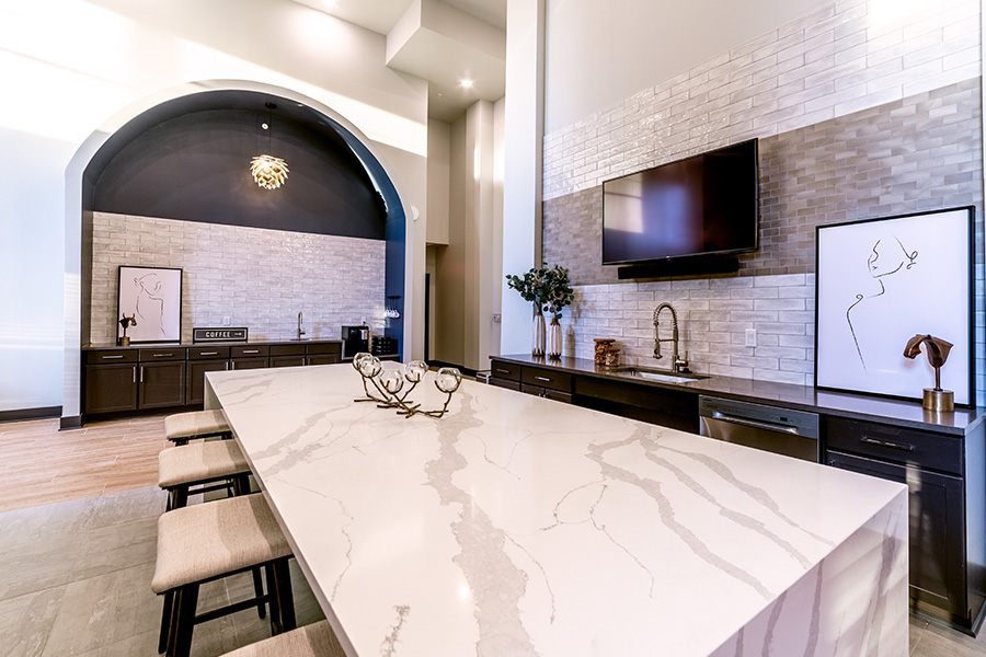 Black and white large kitchen area for the apartment community at The Verge Luxury Apartments.