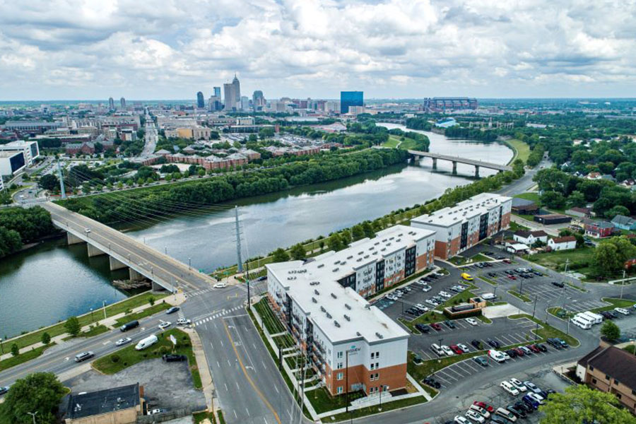 Birdeye view of Riverview apartments in downtown Indy.