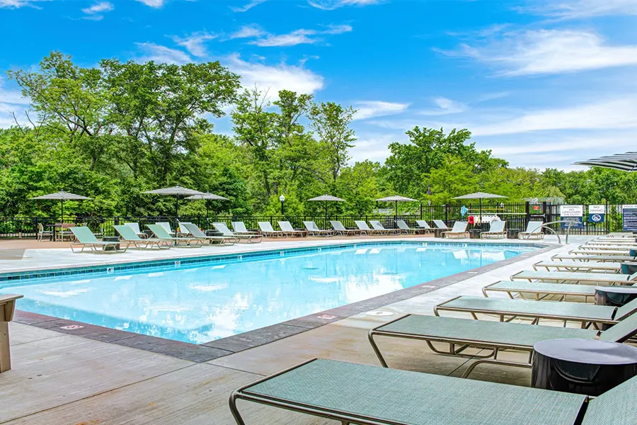 view of the East Bank pool with lounge chairs and forest landscape at the background